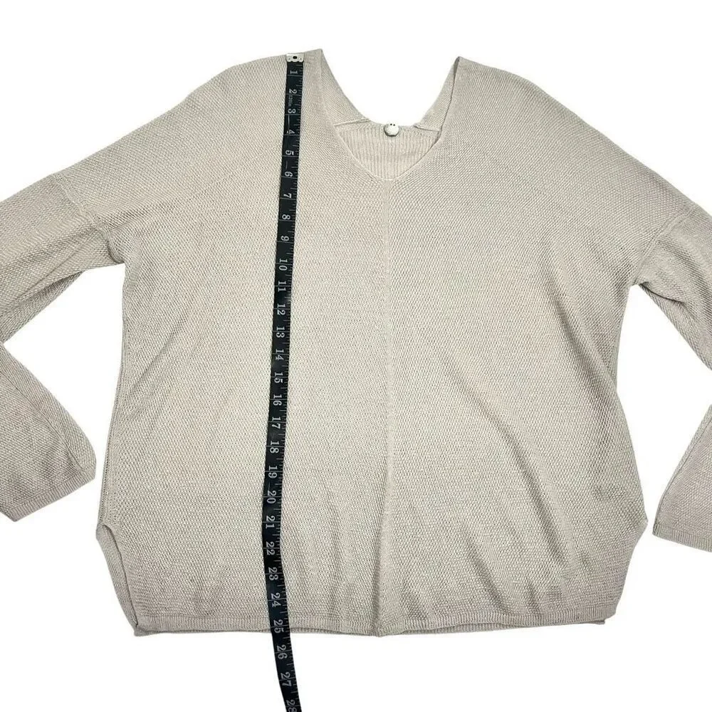Margaret O'Leary Medium Lightweight Gray V-Neck Sweater Open Knit Linen